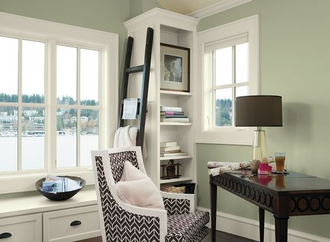 soothing home office space - tree moss 508 (walls), mountain peak white OC-121 (trim), branchport brown HC-72 (accent) Soft Green Paint Color, Green Home Offices, Office Paint Colors, Office Paint, Home Office Colors, Paint Color Schemes, Green Walls, Diy Countertops, Office Colors