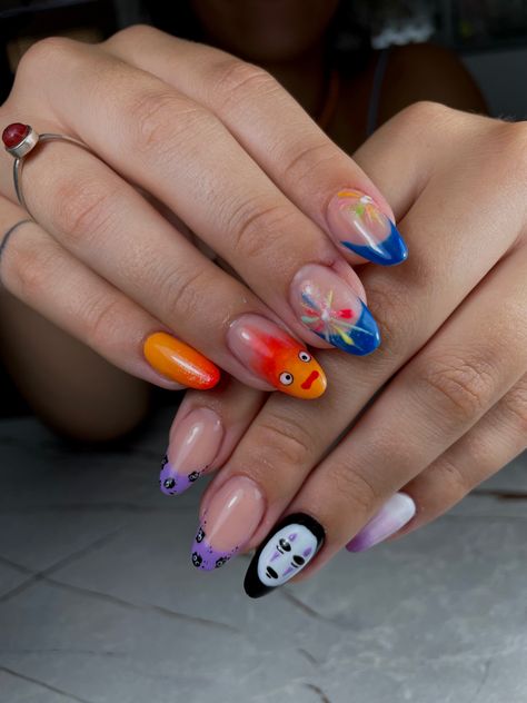 Nails. Nail Art. Calcifer. Stars. Howl and Sophie. spirits. Spirited away. Ponyo Nails Art, Short Studio Ghibli Nails, Miyazaki Nails, Ghibli Nail Art, Studio Ghibli Nail Art, Beetles Nails, Ponyo Nails, Howls Moving Castle Nails, Totoro Nails