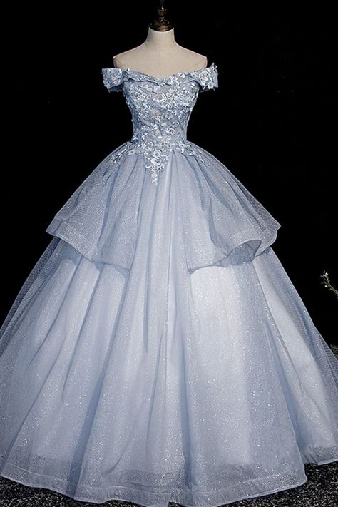 Blue tulle lace long ball gown dress formal dresses Blue Sweet 16 Dresses, Light Blue Ball Gown, Formal Dress Blue, Blue Sweet 16, Gown Silhouette, Ethereal Blue, Blue Ball Gown, Beautiful Ball Gowns, Beautiful Ball