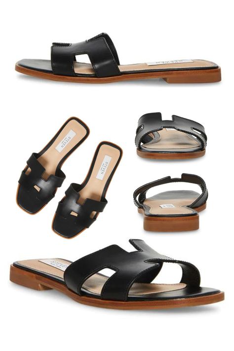 Hermes Oran Dupe - Steve Madden Black Leather Hadyn Sandal Slides Sandal Slides, Hermes Oran, Leather Slide Sandals, Leather Sandals Women, Leather Slides, Slide Sandals, Steve Madden, Womens Sandals, Slides