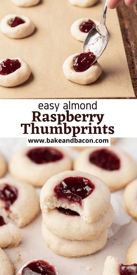 These Raspberry Almond Thumbprint cookies are a classic! Buttery shortbread cookies with a hint of almond and topped with sweet raspberry jam. Perfect for holiday baking! Jam Butter Cookies, Almond Jam Cookies, Raspberry Thumbprint Cookies Easy, Raspberry Shortbread Thumbprint Cookies, Raspberry Jam Cookies Thumb Prints, Almond Thumbprint Cookies Recipe, Apple Pie Thumbprint Cookies, Thumbprint Cookies Cream Cheese, Shortbread And Jam Cookies