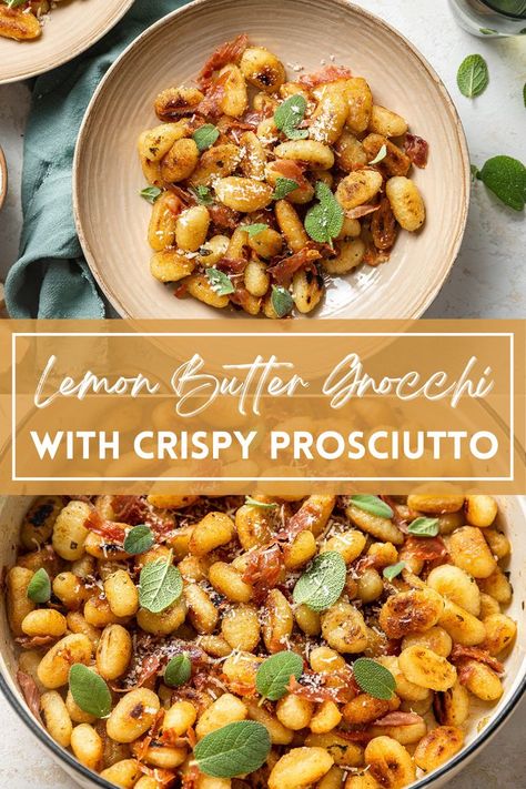 A large bowl of lemon butter gnocchi with crispy prosciutto and fresh sage leaves and a large dutch oven with lemon butter gnocchi. Cozy Pasta, Butter Gnocchi, Crispy Gnocchi, Fried Gnocchi, Pan Fried Gnocchi, Brown Butter Sage, Prosciutto Pasta, Delicious Holiday Desserts, Crispy Prosciutto