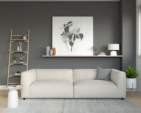 Dark Gray Accent Wall, Gray Accent Wall, Beige Couch Living Room, White Couch Living Room, Warm Grey Walls, Dark Grey Living Room, Best Wall Colors, Charcoal Walls, Yellow Couch