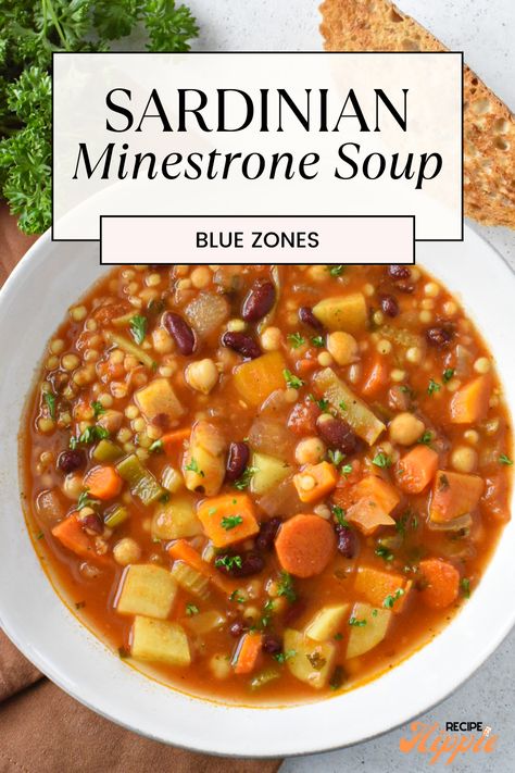 Sardinian minestrone soup gained popularity through the captivating Netflix documentary ‘Blue Zones’. This soup features a large variety of hearty and nutritious seasonal vegetables, beans, and spices, making it delicious and super healthy. It’s incredibly versatile, and in this specific Sardinian minestrone recipe, we save time and effort by using canned beans! If you're looking for healthy soup recipes, this is the best one! Blue Zones Sardinian Minestrone, Ina Garden Minestrone Soup, Minestrone Soup Blue Zone, Vegetable Soup Minestrone, Sardinian Longevity Minestrone, Plant You Minestrone, Sardinian Minestrone Soup Blue Zone, Blue Zones Minestrone Soup, Mediterranean Diet Minestrone Soup