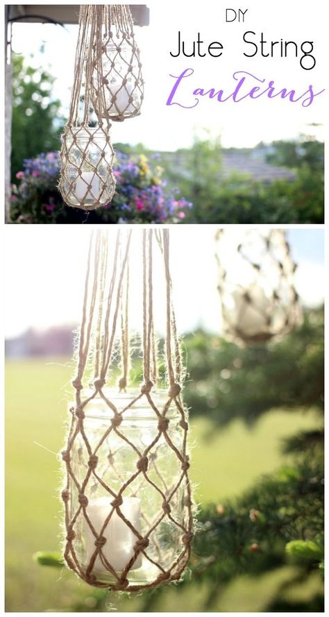 The perfect DIY outdoor decor for summer! All you need is jute string and mason jars! ขวดโหล Mason Jar, String Lanterns, Diy Outdoor Lighting, نباتات منزلية, Makramee Diy, Decor Ikea, Diy Outdoor Decor, Mason Jar Crafts, Décor Diy