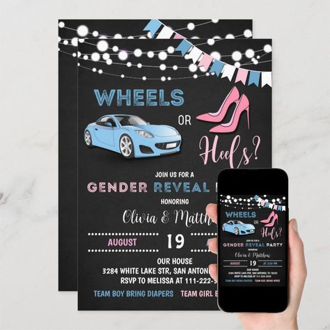 Wheels Or Heels Gender Reveal Shirts, Friends Gender Reveal, Wheels Or Heels Gender Reveal, Baby Drink, Baby Shower Simple, Baby Shower On A Budget, Food Baby Shower, Baby Shower Modern, Shower On A Budget