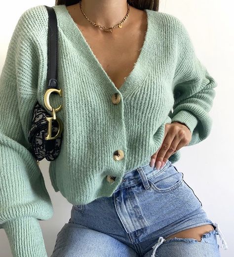 Mint Cardigan Outfit, Mint Green Sweater Outfit, Short Cardigan Outfit, Green Sweater Outfit, Mint Green Outfits, Sweater Cardigan Outfit, Mint Outfit, Mint Cardigan, Teal Outfits