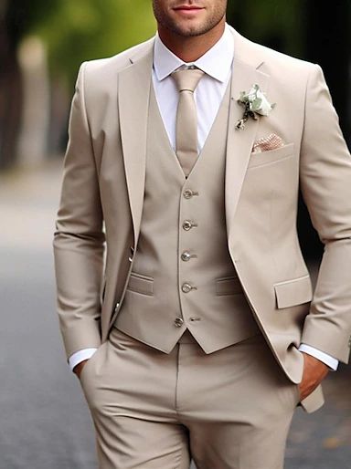 Beige Men's Beach Wedding Linen Suits Solid Colored 3 Piece Fashion Casual Tailored Fit Single Breasted Two-buttons 2024 2024 - $131.99 Wedding Suit Beige, Beige Wedding Suit, Champagne Suit, Costume Beige, Champagne Wedding Colors, Prom For Guys, Prom Suits For Men, Cheap Suits, Beige Suits