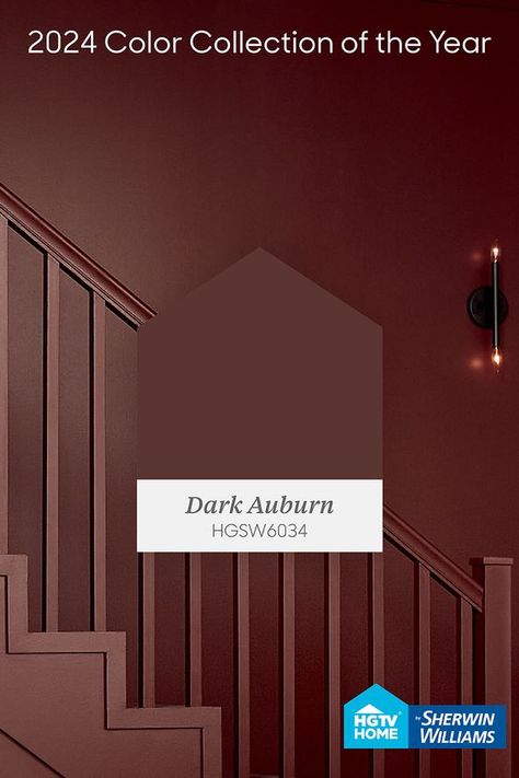 Dark Auburn (HGSW6034), from our 2024 Color Collection of the Year Renewed Comfort, pairs perfectly with moody décor pieces, bringing out its deep, soothing hue to make a statement, like this monochrome stairwell. Sw Dark Auburn, Dark Auburn Sherwin Williams, Front Door Color, Red Paint Colors, Living Colors, Dark Paint Colors, Dark Auburn, 2024 Color, Sherwin Williams Paint Colors