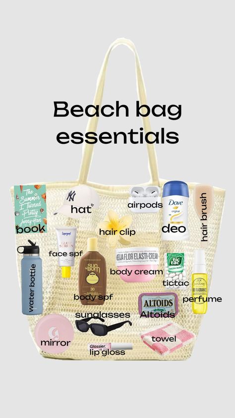 beach bag essentials Camp Bag Essentials, Bag For Beach Summer, Beach Bag Necessities, What To Put In My Beach Bag, Beach Day Bag Essentials, Beach Supplies List, Pool Bag Essentials List, What To Put In A Beach Bag, Summer Beach Essentials