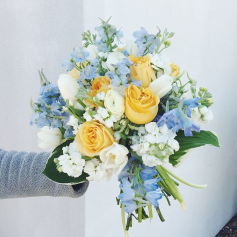 Beautiful blue and yellow Bridal Bouquet Navy Blue And Light Yellow Wedding, Blue White And Yellow Bouquets, White Yellow Blue Bouquet, Dusty Blue Yellow Wedding Theme, Light Blue Yellow And White Wedding, Mustard And Blue Wedding, Wedding Flowers Blue And Yellow, Pastel Yellow And Blue Wedding Theme, Light Blue Yellow Wedding