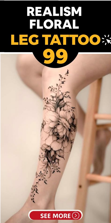 Flower tattoos have a timeless charm, and their intricate details and delightful blossoms highlight any skin.  If you want to bring nature’s beauty to your leg, consider adorning your calf with blooms like this stunning leg tattoo for women. Leg Tattoos Floral, Full Calf Tattoos For Women, Women’s Calf Tattoo, Flower Leg Tattoos Women, Women Leg Tattoos Calf, Female Shin Tattoo, Floral Leg Tattoos For Women, Calf Flower Tattoo, Flowers Leg Tattoo