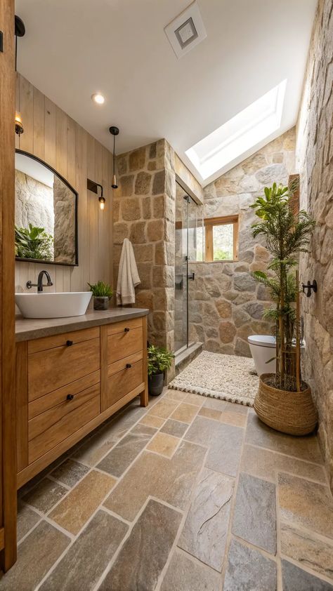 Bathroom Different Wall Tiles, Bathroom Pebble Tile Ideas, Earth Tone Shower Tile Bathroom Ideas, Tile Flooring In Bathroom, Bathroom With Rock Floor, Sanctuary Bathroom Ideas, Flagstone Bathroom Floor, Spa Bathroom Interior Design, Boho Tile Bathroom