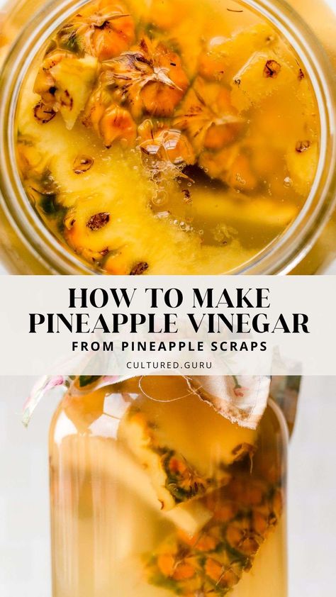 My easy pineapple vinegar recipe requires only four ingredients: pineapple scraps, sugar, raw vinegar for a starter culture, and water. This is the perfect recipe to use up pineapple scraps. Pineapple Scraps, Canning Pineapple, Pineapple Vinegar, Apple Cider Vinegar Drink Recipes, Cider Vinegar Drink, Pickled Foods, Vinegar Drink, Green Tomato Recipes, Apple Cider Vinegar Drink