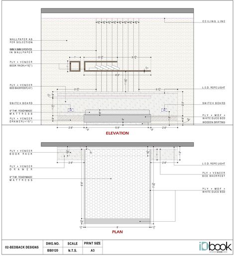 Bed Interior Design Ideas, Detailed Drawings Interior Design, Bed Design Detail Drawing, Bed Elevation Design, Interior Design Working Drawings, Bed Structure Design, Bed Working Drawing, Bed Design Drawing, Interior Working Drawings