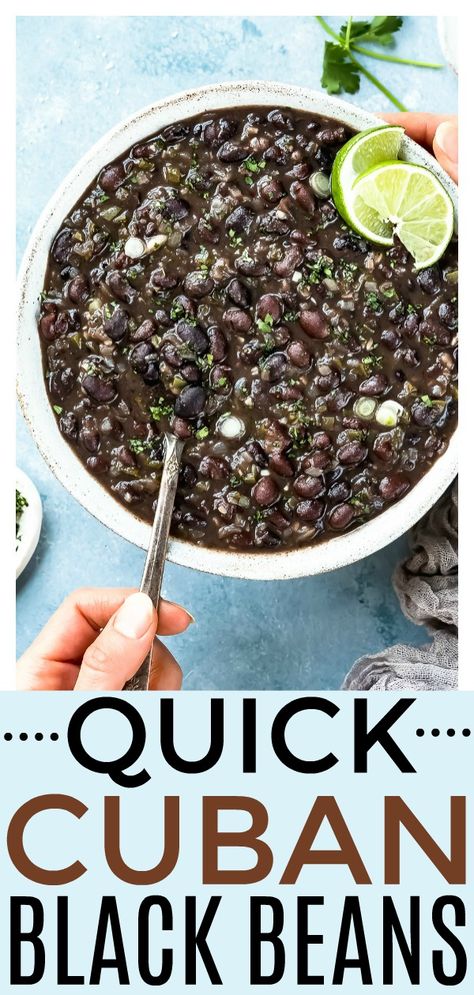 These quick and easy Cuban black beans are fast to prepare, yet taste like you spent hours slaving away in the kitchen! Made with canned black beans, which means NO soaking is required, and ready in 25 minutes or less, these beans will become a staple in your house! (Healthy, Vegetarian, Vegan) #Healthy #vegan #blackbeans #cuban #recipe Cuban Black Beans Recipe, Cuban Recipe, Cuban Black Beans, Flight Outfit, Black Beans And Rice, Black Bean Recipes, Cuban Cuisine, Cuban Food, Black Bean Soup