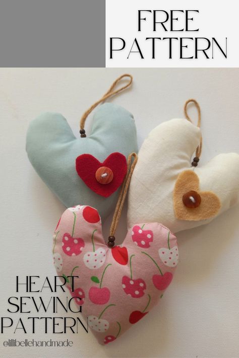 This is a free sewing pattern and tutorial on how to make a fabric heart that can be hung on a door, hook or drawer.  It is approximately 10 cm in size. Heart Sewing Pattern, Heart Sewing, Free Sewing Pattern, Fabric Hearts, Fabric Heart, 3d Heart, Stitch Lines, Tiny Hand, Heart Ornament