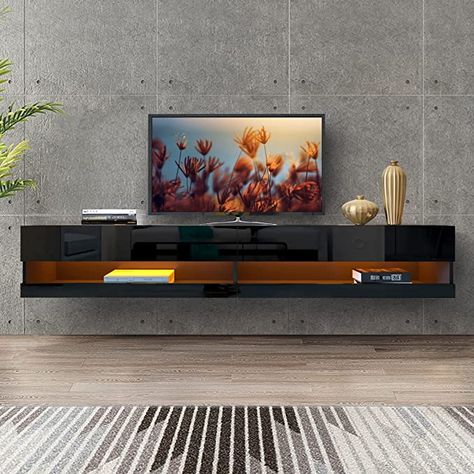 86 Inch Tv On Wall, 86 Inch Tv In Living Room, 86 Inch Tv, 75 Inch Tv Stand, High Gloss Tv Unit, Floating Shelf Under Tv, Black Tv Unit, Floating Media Console, Console Wall