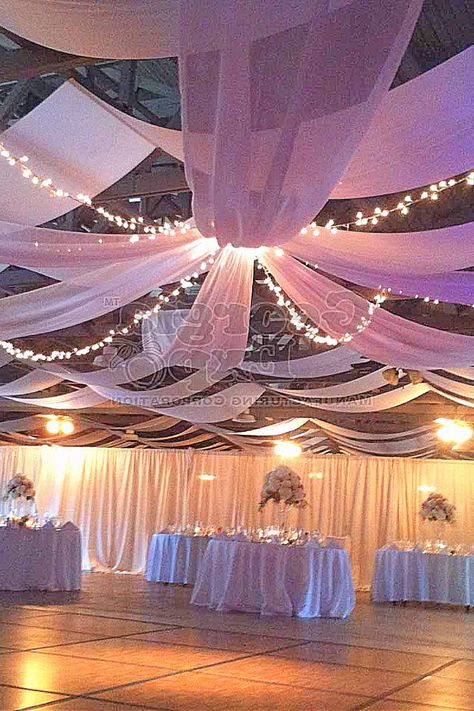 Add a magical draped ceiling and fairy lights for bridal event.#WeddingIdeas #CeilingDraping #WeddingLights Ceiling Fairy Lights Wedding, Tulle Ceiling Draping, Ceiling Fairy Lights, Tulle Ceiling, Draped Ceiling, Modern Wedding Theme, Fairy Lights Wedding, Ceiling Draping, Reception Backdrop