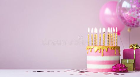 Pink birthday cake with golden candles. And balloons royalty free stock photos Cake Cover Photo Facebook, Happy Birthday Cover Photo, Birthday Cake Background, Pink Birthday Background, Facebook Backgrounds, Cake Background, Pink Birthday Cake, Cake Wallpaper, Pink Birthday Cakes