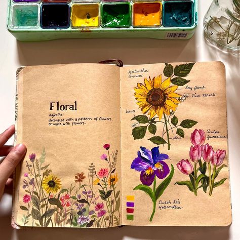 Painted Flowers Aesthetic, Colour Journal Ideas, Botanical Flower Illustration, Painting In Journal, Aesthetic Art Watercolor, Aesthetic Floral Painting, Flower Journaling, Gouache Pattern, Florals Aesthetic