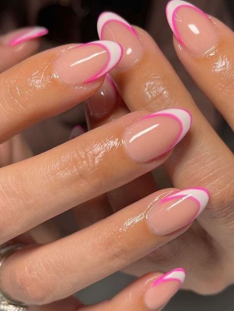 Preppy Summer Nails: Cute Short Almond & French Tip Ideas for 2024 Pink Nails Almond Shape Design, Acrylic Nails Almond Shape French Tip, Short Oval Nails Colorful, Gel Nail Ideas Purple, Short Almond French Nails Designs, Cute Nails Summer Almond, Cute Almond Short Nails, Nails For Summer Almond Shape, White Nails With Color Tips