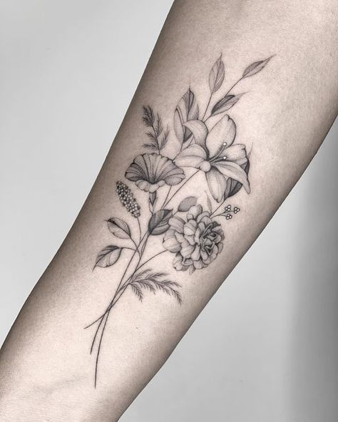 Brittney on Instagram: "Bouquet 💐 ty for the trust w/ your 1st tattoo @_diana.elena 💕" Lily Tattoo Sleeve For Women, Tattoo Ideas Behind Arm, Marigold And Lily Tattoo, Carnation And Lily Tattoo, Flower Bouquet With Ribbon Tattoo, Lily And Poppy Flower Tattoo, Poppy And Lily Tattoo, Lily And Poppy Tattoo, Lily Arm Tattoo For Women