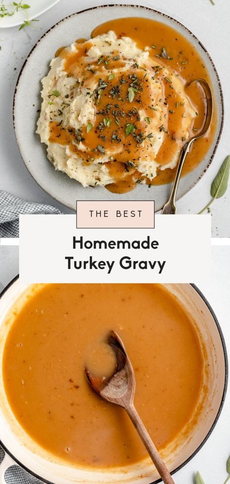 Delicious homemade turkey gravy made with just four simple ingredients! This wonderful, simple turkey gravy recipe is easy to make and full of flavor. Perfect for adding to your favorite mains and side dishes on Thanksgiving! #thanksgiving #turkeygravy #gravy #holidayrecipe Simple Turkey Gravy Recipe, Easy Turkey Gravy, Gf Thanksgiving, Turkey Gravy Recipe Easy, Turkey Gravy Easy, Turkey Gravy From Drippings, Homemade Turkey Gravy, Making Turkey Gravy, Thanksgiving Gravy