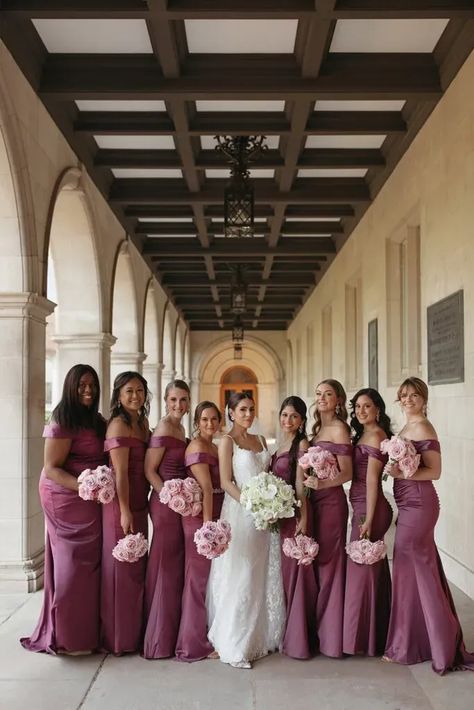 Wine And Mauve Wedding, Mauve Rose Bridesmaid Dress, Mauve Pink Bridesmaid Dresses, Vintage Wedding Bridesmaids, Stylish Bridesmaid Dresses, Mauve Pink Bridesmaid Dress, Purple And Pink Bridesmaid Dresses, Muave Aesthetic Wedding, Muave Bridesmaid Dresses