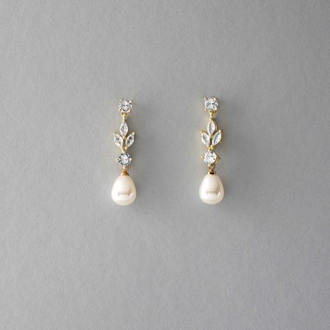 Bridal Earrings of Teardrop Pearls and CZ Pretty Pearl Earrings, Simple Bridal Accessories, Yellow Gold Wedding Earrings, Wedding Earrings Statement, Timeless Bridal Earrings, Pear Wedding Earrings, Pearl Jewelry Bridal, Dangly Earrings Wedding, Bridal Earrings Boho