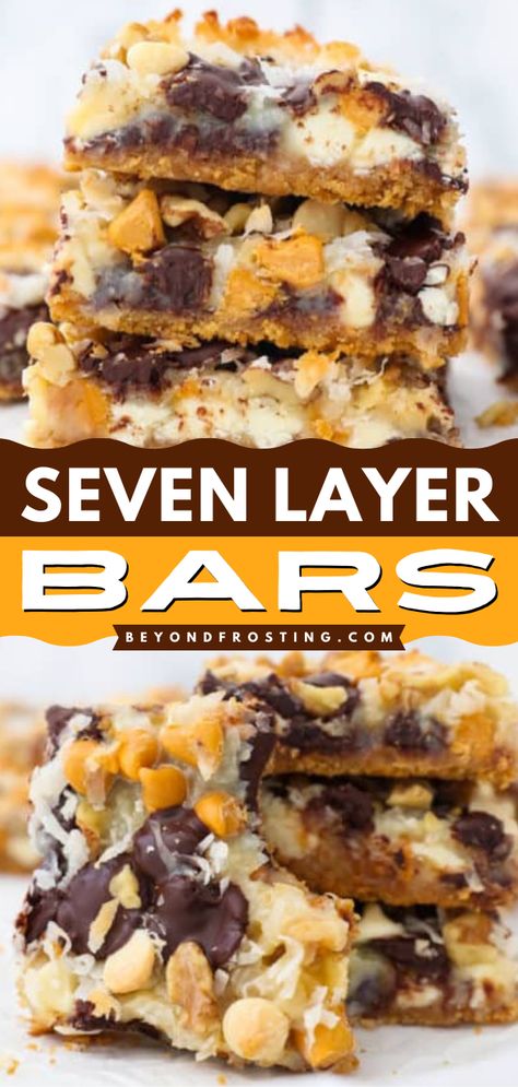 Time for some easy Seven Layer Bars! This magic bar recipe is definitely the dessert to make at home today. Loaded with chocolate chips, butterscotch, coconut, and more, these cookie bars will become one of your favorite sweet food! Five Layer Bars, Seven Layers Of Heaven Magic Bars, Easy Magic Bars, Recipes With Butterscotch Chips, Butterscotch Desserts, Layered Dessert Recipes, Desert Bars, Butterscotch Recipes, Magic Bars Recipe