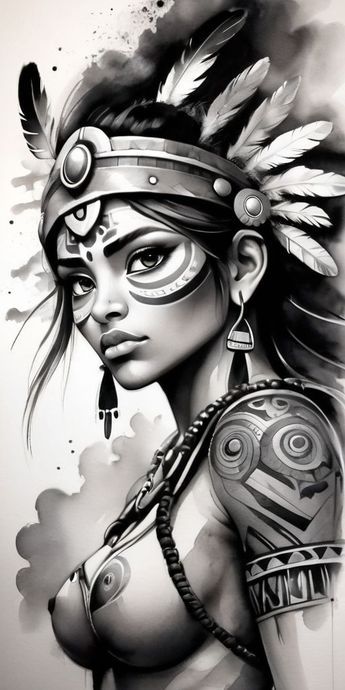 INCA WOMAN WARRIOR TATTOO DESIGN Woman Warrior Tattoo Design, Warrior Girl Drawing, Indian Warrior Art, Woman Warrior Tattoo, Harley Quinn Tattoo Ideas, Indian Women Tattoo, Warrior Tattoo Design, Native American Wallpaper, Aztec Warrior Tattoo