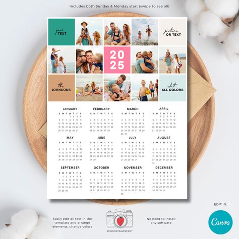 Create a stunning and personalized 2025 photo calendar with our editable Photo Grid Calendar Template. This one-page yearly calendar is perfect for showcasing your favorite photos while keeping track of the year. The grid layout includes editable placeholders for photos and text, allowing you to fully customize the design. You can even change the colors and drag and drop your pictures into the text placeholders to create a full photo collage without text blocks (this is premade and also included Photo Collage Calendar Design, Photo Calendar Design, Kalender Design, Unique Calendar, Photo Grid, Grid Layouts, Photo Calendar, Yearly Calendar, Canva Design