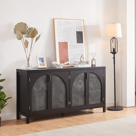 Amazon.com - Modern Black Rattan Storage Cabinet - Freestanding Arched Buffet Sideboard with Metal Handles for Dining Room, Living Room, Entryway - Buffets & Sideboards Black Buffet Sideboard, Black Sideboard Buffet, Rattan Storage Cabinet, Black Buffet, Freestanding Storage Cabinet, Large Storage Cabinets, Black Rattan, Rattan Storage, Modern Buffet