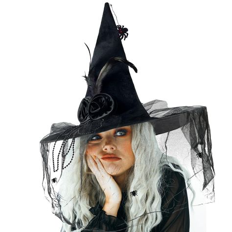 PRICES MAY VARY. WHAT YOU GET: 1 Piece of Black Witch Hat, 2 Pieces of Black Pins, 1 Piece of Detachable Spider. SIZE: The Halloween Hat's Height is Approx. 17.7 Inch(45cm),Outer Diameter is 17 Inch(43cm), Internal Diameter is 7.5 Inch(19cm), Black Veil Diameter is 9.5 Inch(24cm), Fit for Most and Lightweight. SPECIAL DESIGN: The Classic Black Witch Hat With Black Flower, Black Feather and Black Tulle Make Your Hat More Psychedelic, Mysterious and Dramatic, Catching the Eyes of Others and Enhanc Classy Witch Costume For Women, Witch Costumes Scary, Vintage Witch Hat, Decorated Witches Hats, Goth Pigtails, Big Witch Hat, Witchy Fashion Modern Witch, Witchy Halloween Costumes, Womens Witch Costume