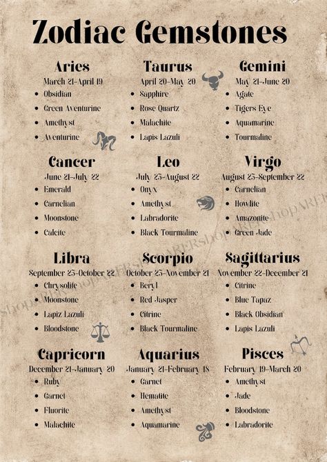 Zodiac Gemstones with Dates Printable Witchery Printable Book of Shadows Witchcraft Different Sizes: A4, A5 and B5 - Etsy Zodiac Gemstones, Astrology Dates, Good Luck Spells, Pisces And Aquarius, Luck Spells, Crystals Healing, Leo And Virgo, Printable Books, Taurus And Gemini