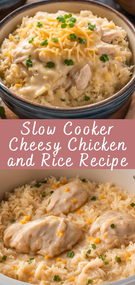 Slow Cooker Cheesy Chicken and Rice Recipe | Cheff Recipes Comfort Meals Crock Pot, Crock Pot Creamy Chicken And Rice Soup, Crock Chicken And Rice, Easy Crock Pot Chicken And Rice, Crock Pot Cheesy Chicken And Rice, Cheesy Chicken Crock Pot, Cheesy Chicken And Rice Crockpot Recipes, Crockpot Chicken And Minute Rice Recipes, Creamy Chicken And Rice Crockpot Recipes