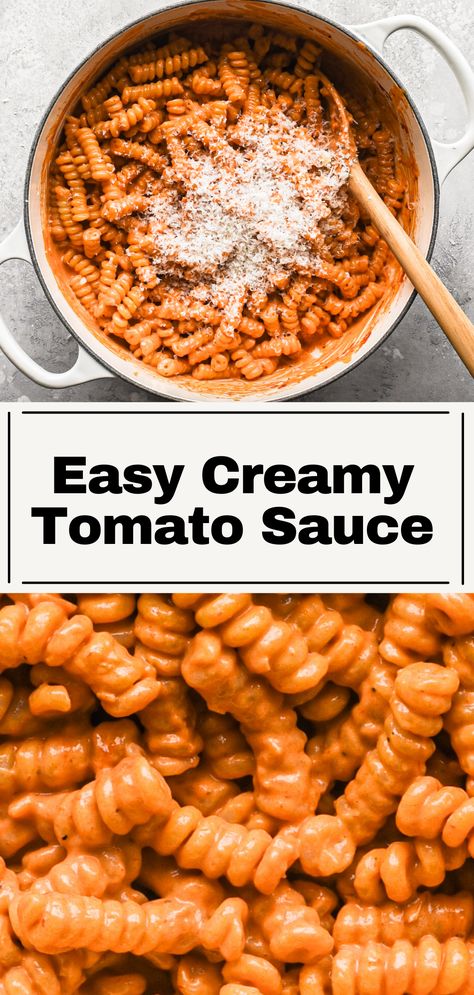 We all need a go-to pasta sauce in our arsenal, and this one is it for me – super easy creamy tomato sauce made from scratch (aka pink sauce). It's full of flavor with only a few ingredients; shallots, garlic, a little spice from red pepper flakes, tomato paste for a deep tomato flavor, and of course heavy cream. A weekly staple dinner that comes together in no more than 15 minutes. Red Pasta Sauce Recipes Tomatoes, Dinner With Tomato Paste, Easy Creamy Tomato Pasta Recipes, Easy Pasta Recipes Tomato Sauce, Tomato Paste Heavy Cream Pasta, Pasta Recipes Tomato Paste, Tomato Roux Sauce, Healthy Meals With Tomato Sauce, Quick Creamy Pasta Sauce