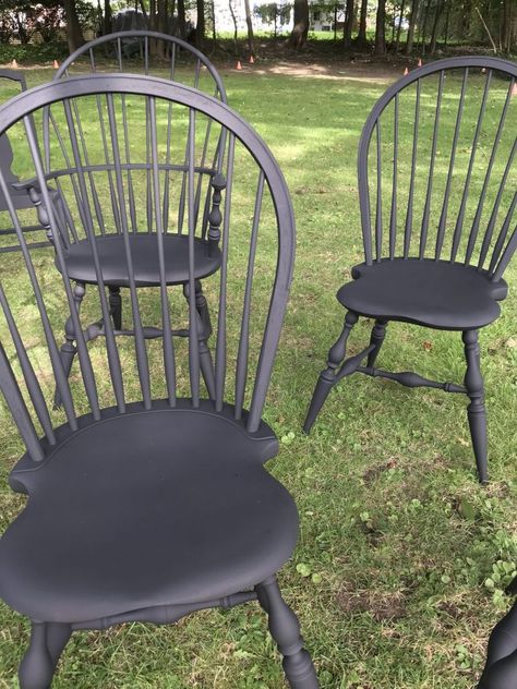 Dining Chairs In Living Room, Painted Black Dining Chairs, Painting Spindle Chairs, Black Wood Chairs Dining Rooms, Spray Painting Dining Room Chairs, Painting Oak Chairs Black, Black Chalk Paint Dining Chairs, Modern Farmhouse Kitchen Table And Chairs, Black Painted Dining Chairs