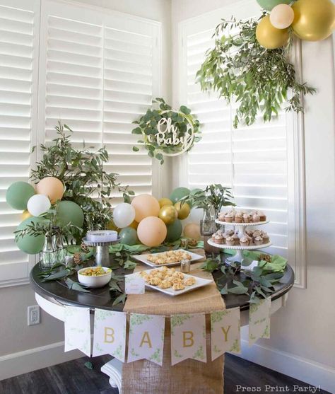 Greenery Baby Shower Decor Ideas with Eucalyptus and Printables - Get Inspired by this fun baby shower perfect for a boy or a girl or when you don't know the gender (gender neutral). Find the greenery baby shower invitation, the baby shower decorations, and where to get them as well as some fun baby shower activities that are not games. Plenty of eucalyptus baby shower decor for inspiration and how to do it. As well as tips on planning the best baby shower - Press Print Party! Simple Woodland Baby Shower Ideas, Simple Baby Shower For Boy, Simple Outdoor Baby Shower Ideas, Safe Green Baby Shower Decor, Organic Baby Shower Ideas, Boho Botanical Baby Shower Ideas, Indoor Baby Shower Decor, Pastel Green Baby Shower Ideas, Olive Theme Baby Shower Ideas