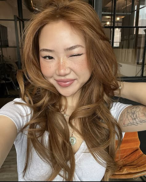 Gold Skin Tone Hair Color, Ginger On Asian Hair, Hair Color For Medium Neutral Skin Tone, Milk Tea Ginger Hair, Chestnut Orange Hair, Rusty Blonde Hair, Light Honey Hair Color, Sparkling Amber Hair, Hair Color Ideas Ginger Brown