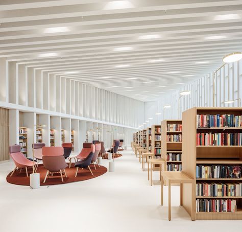 Architectural Library Design, Famous Library Architecture, Scandinavian Library Design, Community Library Architecture, Nordic Library, Library Design Interior, Library Design Architecture, Modern Library Design, Contemporary Library