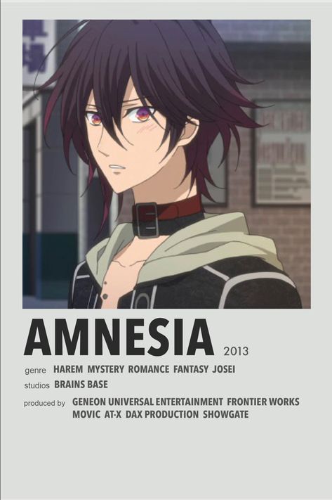 Amnesia minimal anime poster Materi Bahasa Jepang, Anime Websites, Anime Suggestions, Film Posters Minimalist, Poster Anime, Animes To Watch, رعب نفسي, Anime Printables, Good Anime To Watch