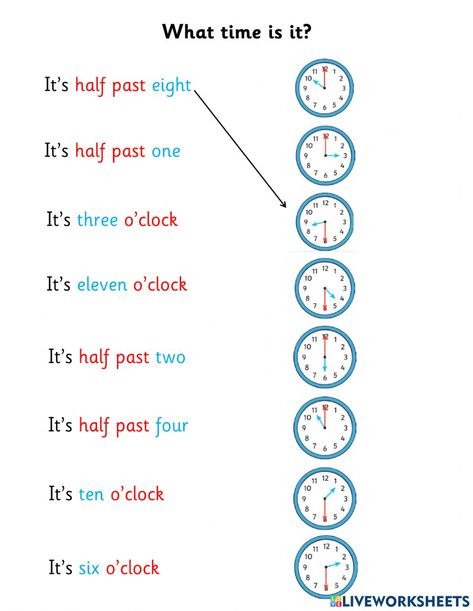 Half Past The Hour Worksheets, O Clock Worksheet, Time Worksheets Grade 3, Clocks For Kids, English Questions, English Language Learning Activities, English Games For Kids, Math Clock, Clock Worksheets