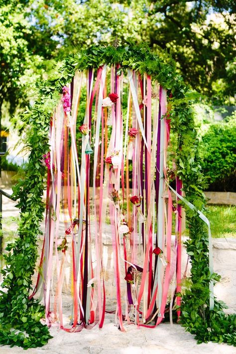 Such cute ceremony decor -- greenery arch with ribbons hanging? LOVE IT! Diy Wedding Arch, Diy Wedding Backdrop, Boda Mexicana, Offbeat Bride, Diy Backdrop, Ceremony Arch, Hanging Flowers, Wedding Ribbon, Wedding Place