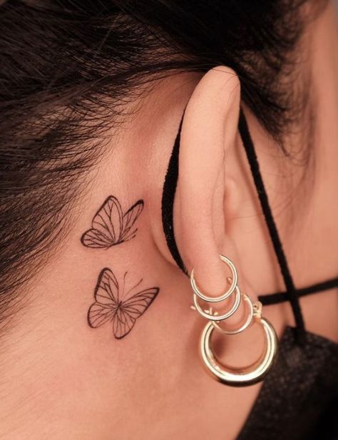 Ear Tattoos Butterfly, Butterfly Behind Ear Tattoo, Small Butterfly Tattoo Behind Ear, Butterfly Ear Tattoo, Small Behind The Ear Tattoo Ideas, Butterfly Behind The Ear Tattoo, Butterfly Tattoo Behind Ear, Behind Ear Tattoo Small, Back Ear Tattoo