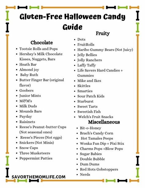 Gluten-Free Halloween Candy List - Savor The Mom Life Gluten Free Halloween Candy List, Halloween Party Food Gluten Free, Peanut Free Candy, Gluten Free Candy List, Gluten Free Halloween Candy, Gluten Free Halloween Treats, Gluten Free Halloween, Flavored Water Recipes, Gluten Free Candy