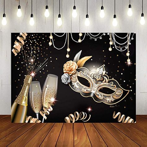 Amazon.com : Masquerade Party Backdrops Retro Gold Black Mask Carnival Birthday Photography Backdrop 7x5ft Vinyl Fiesta Mardi Gras Dance Photo Background Champagne Glass Photo Booths Props Decorations : Electronics Nye Masquerade Party Ideas, Maskerade Ball Party Ideas, Maskara Party Masquerade Ball, Masquerade Nye Party, Mask Theme Party Decorations, Bridal Shower Masquerade Theme, Ball Gown Themed Birthday Party, Bloodwood Masquerade Party, Masquerade Party Centerpieces Table Decorations