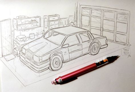 I haven't ever truly studied perspective before, and I've been really wanting to do that. I drew this with a guy teaching perspective on Youtube, and I'm super happy with how it turned out tbh. My first time really drawing a car too :') :(hashtags): #car #sketch #practice #perspectivepractice #drawing #sketching #art #perspective Garage Sketch, Teaching Perspective, Garage Drawing, Perspective Practice, Art Perspective, Sketch Practice, Sketching Art, Drawing Sketching, Car Sketch