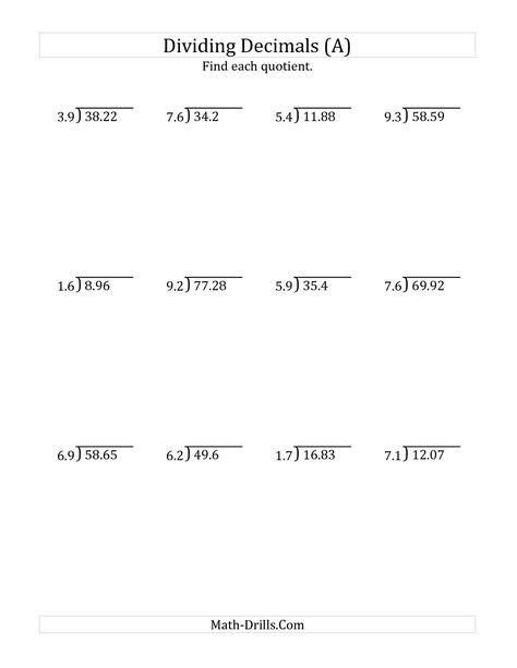 The Dividing Decimals by 2-Digit Tenths (A) math worksheet from the Decimals Worksheet page at Math-Drills.com. Decimal Division, Decimal Multiplication, Multiplication And Division Worksheets, Math Division Worksheets, Adding Decimals, Long Division Worksheets, Multiplying Decimals, Dividing Decimals, Math Practice Worksheets